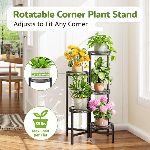 Plant Stand Indoor Outdoor, 5 Tier Corner Metal Flower Display Holder Shelf, Folding Tall Rack for Patio Balcony Porch Garden Living Room House, Heavy Duty Wrought Iron Plant Shelf- BlackWave - color: BlackWave, size: 5-tiers
