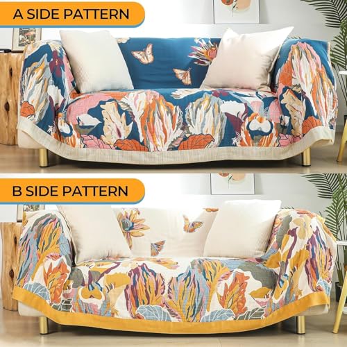 Boho Floral Butterfly Pattern Reversible Summer Cotton Blanket 90"x108" Breathable 4-Layer Gauze Muslin Blanket for Bed Couch Home Decor for All Season Thoughtful Gift for Women Men - color: Butterflies and Flowers, size: 90"x108"