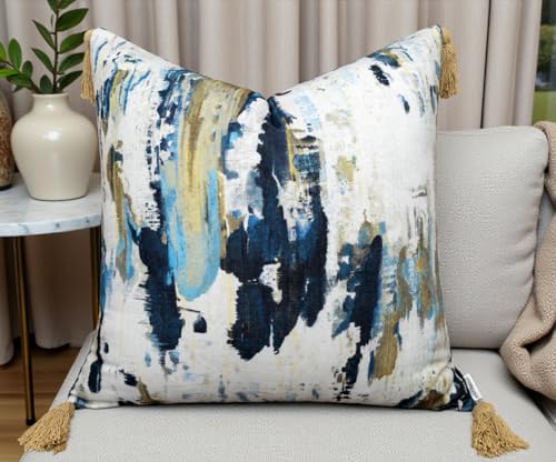 VAGMINE Abstract Watercolor 20x20 Inch Throw Pillow Cover with Tassel Corners - Blue Mustard Brushstroke Print on Textured Polyester - Cushion Case for Couch Sofa - Panna - color: Panna, size: 20" x 20" (Pack of 1)