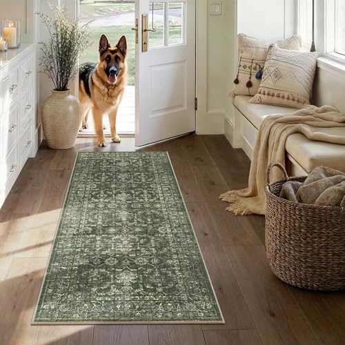 2x5 Green Runner Rug Hallway Washable Area Rugs Kitchen Vintage Boho Non Slip Long Rug Floral Carpet Indoor Retro Soft Low Pile Throw Rug for Bedroom Bathroom Laundry Dining Living Room Office - color: Dark Green, size: 2' x 5' (Runner)