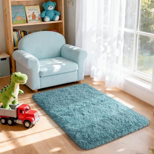 Merelax Modern Soft Fluffy Small Shaggy Rug for Bedroom Livingroom Dorm Kids Room Indoor Home Decorative, Non-Slip Plush Furry Fur Area Rugs Comfy Nursery Accent Floor Carpet 2x3 Feet, Turquoise Green - color: Turquoise Green, size: 2' x 3' (Rectangular)