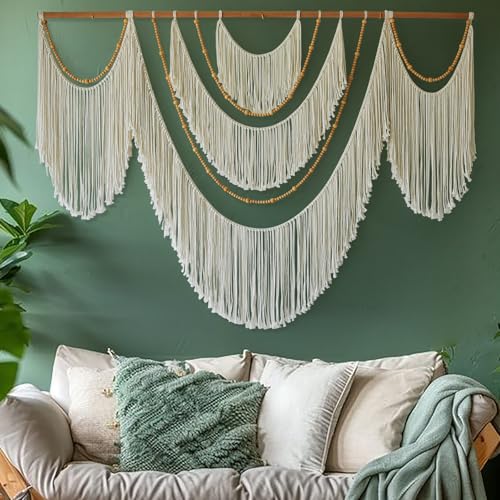 Flber Large Macrame Wall Hanging – Boho Yarn Art Garland with Tassels and Beads, Handmade Rope Decor for Nursery, Party, Wedding, Bedroom, Fireplace Mantel, or Photo Backdrop 57" W x 41" L - color: White