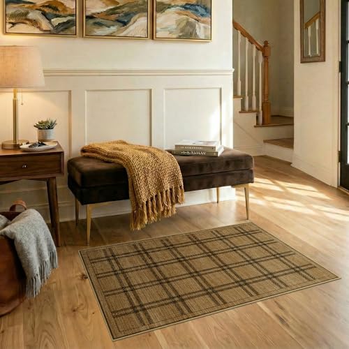 Jute 3x4 Kitchen Area Rugs: Washable Non Slip Entryway Rug with Rubber Backing Pet-Friendly Small Rugs Stain Resistant Carpet for Dining Room Laundry Porch Doorway Brown Plaid - color: Brown Plaid, size: 3' x 4' (Rectangular)