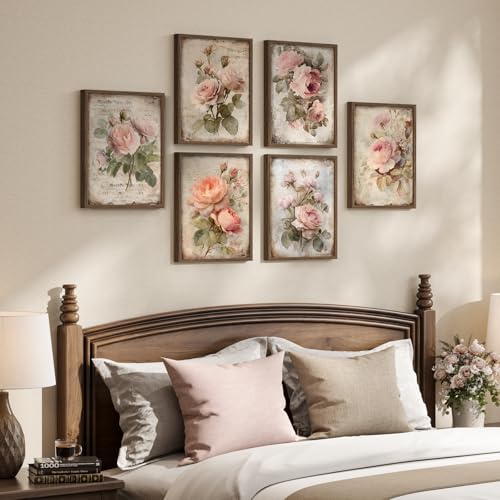 Framed Vintage Floral Wall Art, Set of 6 Boho Pink Rose Flower Canvas Painting Prints Artwork for Rustic Farmhouse, Retro Botanical Pictures for Bedroom Living Room Office Home Decor, 11x14 - color: Rose - Walnut Framed, size: 11" W x 14" H x 6Pcs