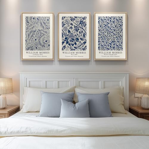 Framed Large William Morris Wall Art Set of 3, Vintage Blue Botanical Floral Canvas Wall Decor Painting, Farmhouse Aesthetic Artwork Prints for Living Room, Bedroom, Hallway, Office, Total Size 30x60 - color: Blue, size: 20"W x 30" H x 3Pcs
