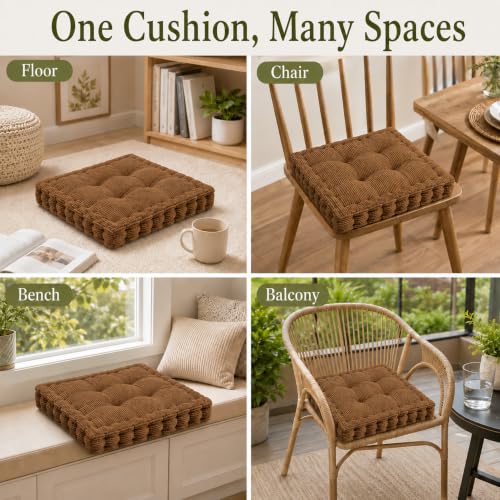 ChezMax Floor Pillow & Cushion, Large Meditation Chair Cushions, Thick Square Seat Pad, Soft Velvet Tufted Seating Pouf for Indoor/Outdoor Yoga Bench Rocking Chair Room Tatami Sofa, Brown 18" x 18" - color: Brown M