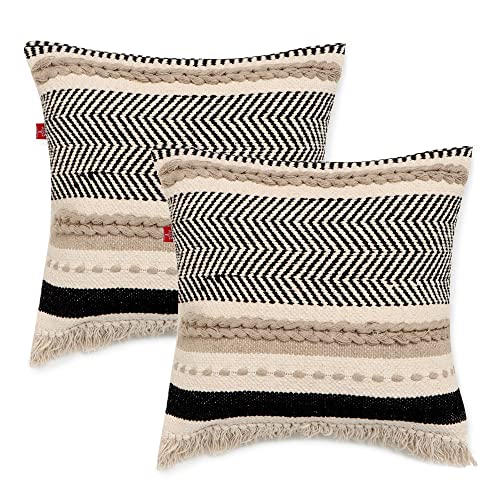· REDEARTH · Handmade Boho Throw Pillow Covers - Bohemian Farmhouse Style - Accent Woven Indoor and Covered Patio Pillow Cushion Cases for Couch, Bed, Chair, Sofa, Bench – Set of 2-18"x18" - Natural - color: Chevron Maze Black, size: 18" x 18" (Pack of 2)