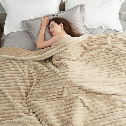 Amélie Home Faux Fur Throw Blanket for Couch, Cozy Fuzzy Fluffy Fur Luxurious Soft Striped Plush Gift Blankets for Family Sofa Chair, 60"x80", Beige - color: Striped Beige, size: Twin(60"x80")