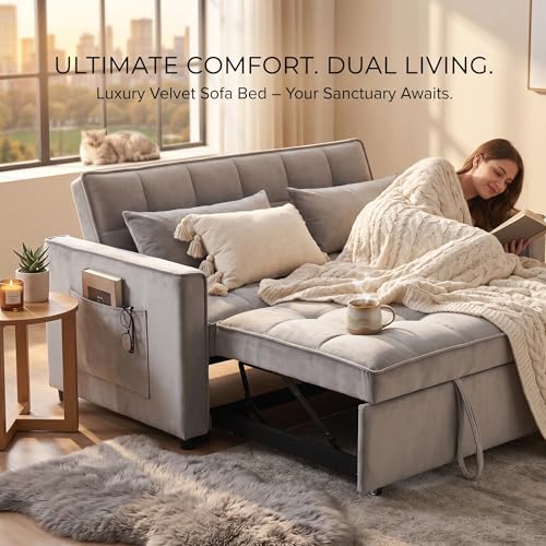3-in-1 Loveseat Sleeper Sofa, Modern 55.5" Pull Out Couch, Velvet Upholstered Futon Sofa Bed with Adjustable Backrest, Convertible Sofa Bed with Storage Pockets for Living Room(Light Grey) - color: Grey