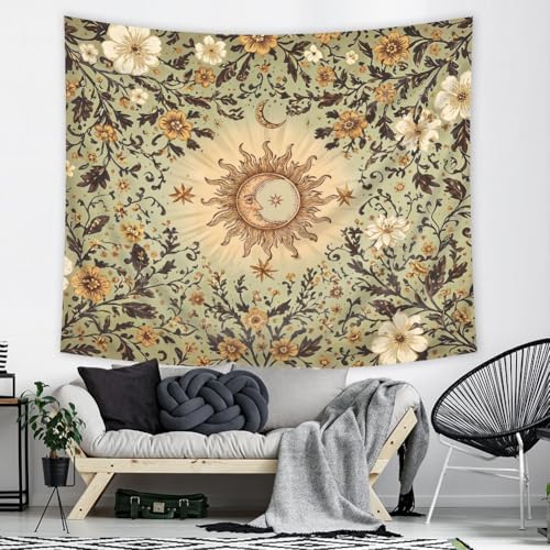 Riyidecor Boho Sun and Moon Tapestry 59Wx51H Inch Green Bohemian Whimsical Floral Flower Leaves Plant Vintage Hippie Retro Rustic Wall Hanging Artistic Home Dorm Decor Art Living Room Bedroom - color: A-green, size: 51L" x 59W"