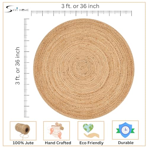 Savi Home Hand Woven Jute Braided Rug, 3' Round - Natural, Reversible Area Rugs for Living Room, Farmhouse, Kitchen, Handcrafted 3 Feet Round Area Rugs - Natural - color: Natural, size: 3' (Round)