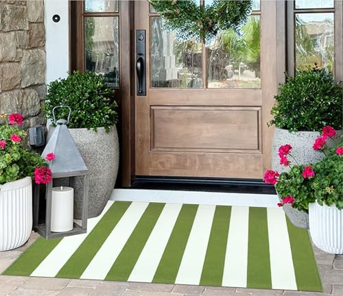 Front Porch Rug 24"x51",Green and White Striped Outdoor Rug Layered Doormat Cotton Woven Washable Indoor Outdoor Farmhouse Small Area Rug for Porch/Entryway/Home Entrance Decor - color: Green White, size: 2' x 4'3" (Rectangular)