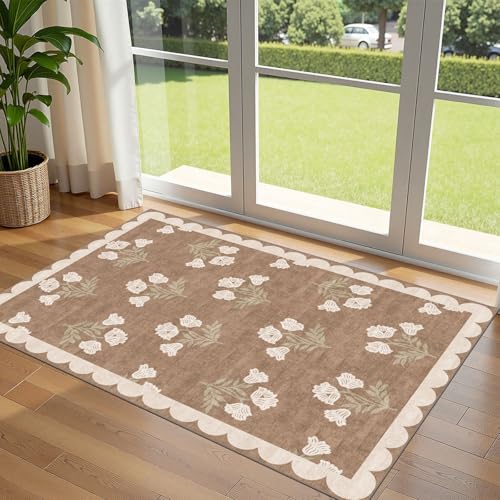 3x5 Floral Entry Rug - Small Washable Indoor Outdoor Mats for Front Door Non-Slip Porch Rug Tan Boho Neutral Farmhouse Throw Rugs for Living Room Bedroom Entryway Kitchen Office Porch Decor - color: Flower - Brown, size: 3' x 5' (Rectangular)