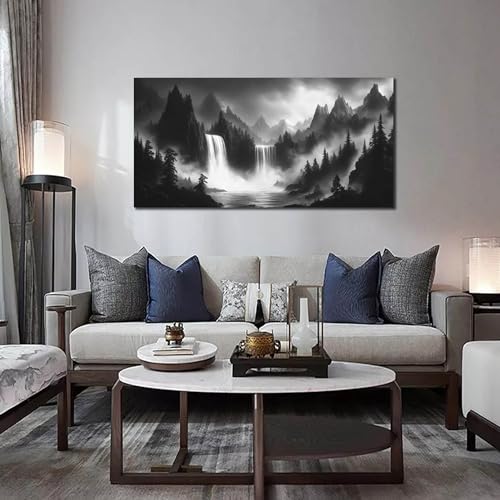 HUBOSKN Waterfall Pictures Wall Decor for Living Room - Mountain Wall Art for Office - Black and White Canvas Wall Art for Bedroom Size 24" x 48" - color: Black and White, size: 48"L x 24"W