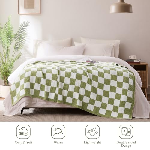 Checkered Throw Blanket, Sage Green Soft Cozy Fluffy Knitted Throw Blankets for Couch, Sofa, Bed, Chair, Warm Fuzzy Travel Picnic Lightweight Plaid Blanket, 50x70 inches - color: Sage Green, size: 50×70 Inch