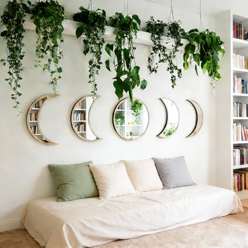 5-Piece Set of Moon Phase Mirror Decorations in Nordic Style, Acrylic Mirror paired with Wooden Combination, Bohemian Style Living Room Bedroom Home Decoration, Beige (Beige) - color: Beige