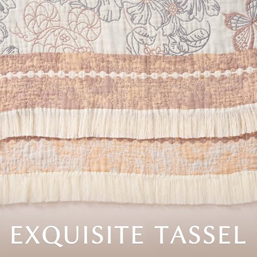 JINCHAN Boho Floral 100% Cotton Blanket 4-Layer Throw Blanket with Tassel Taupe and White Flower Butterfly Soft Luxury Rustic Farmhouse Decor Blanket for Couch Bed 80x90 inch All Season gift for women - color: Butterfly Taupe and White, size: 80"x90"