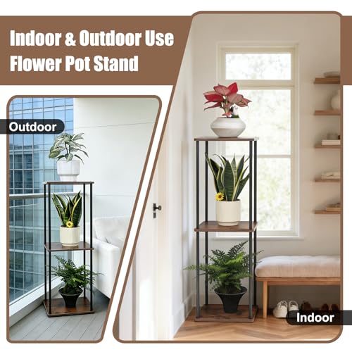 Vigordream Plant Stand Indoor Outdoor 3 Tier Metal Plant Shelf Tall Pedestal Stand Flower Pot Stands Multiple Planter Support Rack for Corner Living Room, Balcony, Garden Patio (Retro Brown, 34 INCH) - size: 34 INCH