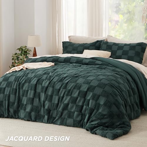 Bedsure Twin/Twin XL Comforter Set Emerald, Boho Tufted Bed Set, Checkered Farmhouse-Style Distressed Vintage Bedding, 2 Pieces, 1 Plaid Geometric Comforter and 1 Pillow Sham - color: 02 - Emerald - Tufted Checkboard, size: Twin/Twin XL