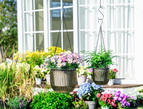 Josteve 5.2/8.2 Inch 2 Pcs Self Watering Hanging Planter Indoor Plant Pots Drainage Holes, Outdoor Small Hanging Planters Flower Pot Basket, Visible Water Level, Plant Hanger Home Decor, Gardening - color: Gray, size: 2*5.2/8.2 inch