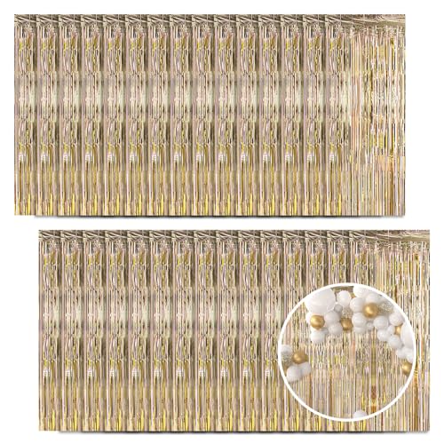 30 Pack Champagne Gold Foil Fringe Curtain Backdrop, 3.3x8.2 Feet Metallic Tinsel Streamer Curtains Photo Booth Props for Engagement/Wedding/Bridal Shower/New Year/Valentine's Day Party Decorations - color: Champagne Gold