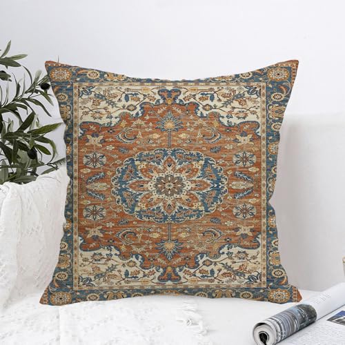 Boho Throw Pillow Covers 18x18 Set of 2 Orange Blue Ethnic Pattern | Western Boho Outdoor Pillows Cover Fall Autumn Bohemian Linen Decorative Pillowcase for Couch Bed Living Room Decor - color: Orange Blue 2, size: 18" x 18" (Pack of 2)