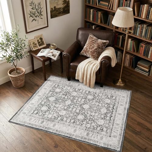 jinchan 3x5 Washable Vintage Area Rug, Distressed Traditional Floral Entryway Accent Rug, Soft Low-Pile Non-Slip Floor Mat for Indoor Foyer, Kitchen Sink Bedroom Bathroom Vanity, Grey - color: Oriental Grey, size: 3' x 5' (Rectangular)