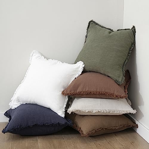 Foindtower Decorative Linen Fringe Throw Pillow Covers Cozy Boho Farmhouse Cushion Cover with Tassels Soft Accent Pillowcase for Chair Sofa Bed Living Room Home Decor, 16×16 Inch, 1PC, Olive Green - color: Olive Green, size: 16" x 16" (Pack of 1)