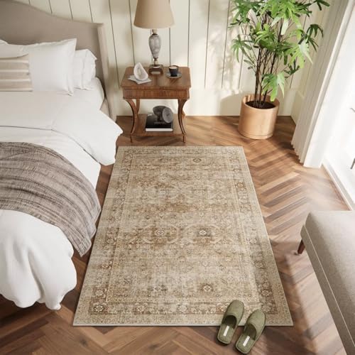 Washable 3x5 Entryway Rug, Boho Non-Slip Vintage Distress Small Rugs for Kitchen Nursery Office Bedroom, 0.3" Neutral Oriental Throw Thin Carpet with Cushioning Pad, Brown/Multi, C1 - color: Brown/Multi, size: 3' x 5' (Rectangular)