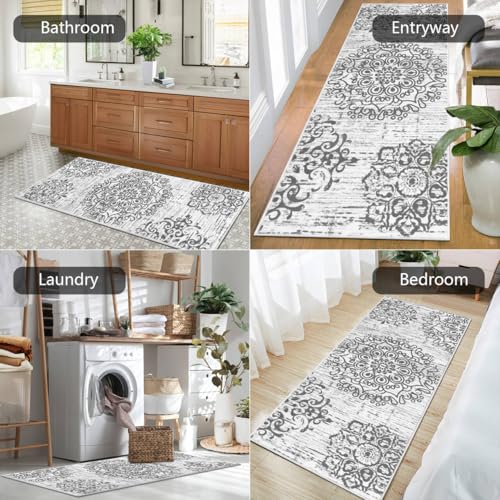 HEBE Hallway Runner Rug 2'x5' Washable Vintage Distressed Area Rugs Non Slip Laundry Rug Runner Boho Floor Carpet Runners for Hallways Entryway Laundry Room Kitchen Bathroom - color: Grey, size: 2' x 5' (Rectangular)