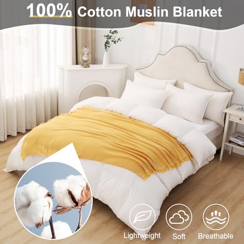 Cotton Muslin Throw Blanket with Tassels, Lightweight Woven Gauze, Pre-Washed Breathable Farmhouse Decor for Bed, Couch, All-Season Use (Yellow, 50" x 60") - color: Yellow, size: 50" x 60"