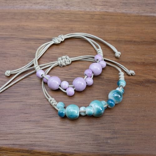 Handmade Green Boho Bracelets for Women, Bohemian Ceramic Beads Bracelets for Friends, Trendy Porcelain Stone Beaded Bracelets for Sisters - color: purple and green