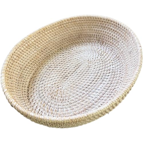 amololo14" Oval White Rattan Fruit Serving Basket,Table Décor Wicker Bread Serving Basket Tray with High Wall,Large Rattan Dining Table Centerpiece Bowl for Various Things,Bread,Snack,Odds and Ends - color: Wash White(14.2"x11.5"x3.5")
