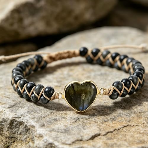 Women Boho Wrap Bracelet,Handmade Natural Stone Crystal Emperor Beads Heart Bracelet, Fashion Bohemian Jewelry Gift for Women - color: Gray