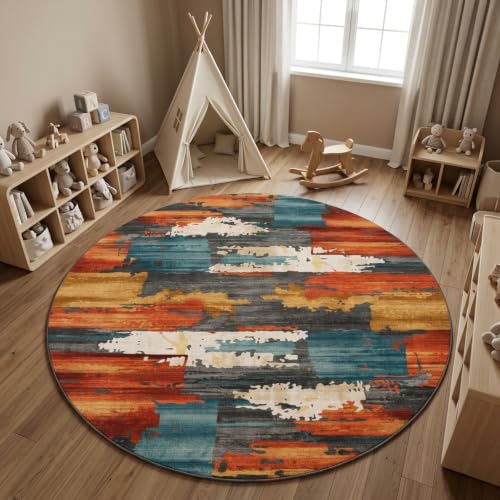 6ft Round Area Rug for Living Room,Modern Abstract Burnt Orange Rug,Terracotta and Teal Brushstroke Rug,Non-Slip Washable,Bedroom, Dining Room, Home Office,Nursery - color: Burn Orange, size: 6ft