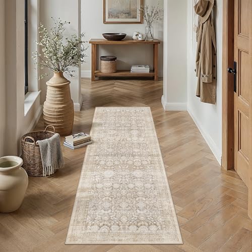 2x5 Beige Washable Neutral Runner Rug for Living Room Floral Non Slip Low Pile Runner Indoor Vintage Traditional Stain Resistant Distressed Carpet Kitchen Bedroom Dining Room Hallway Bathroom - color: Accent | Beige, size: 2'x5'