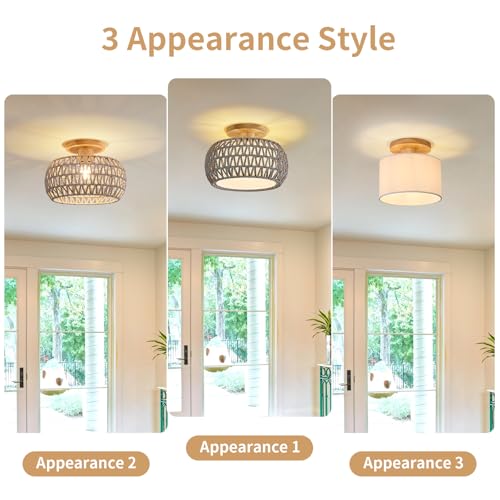 Boho Rattan Ceiling Light Fixture - 3 Style Options Wicker Semi Flush Mount Ceiling Lights,Grey Coastal Light Fixtures,Bohemian Woven Basket Chandelier for Hallway Bedroom Nursery Kitchen Laundry - color: Gray