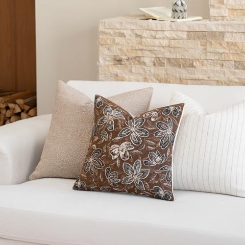 FIOUOVO Floral Throw Pillow Covers 18x18 Set of 2 Farmhouse Pillow Covers Vintage Neutral Accent Pillowcases Decorative Cushion Covers for Sofa Couch Living Room Bedroom Home Decor, Brown - color: Brown, size: 18" x 18" (Pack of 2)