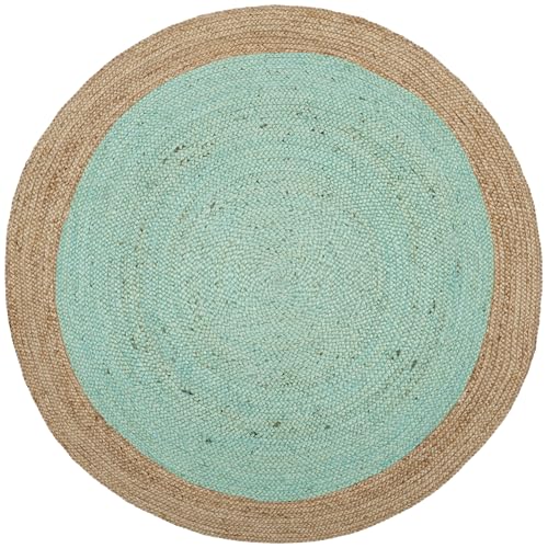 SAFAVIEH Area Rug 5' Round - Natural Fiber Collection - Aqua Blue & Natural Brown, Handmade Jute, Braided Border Design (NF801A) - color: Aqua/Natural, size: 5' (Round)