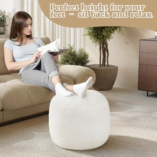MeMoreCool Round Pouf Ottoman – Beige Corduroy Footrest with Foam Filling Compact Foot Stool for Couch, Living Room Decor, Dorms & Small Spaces - color: Beige
