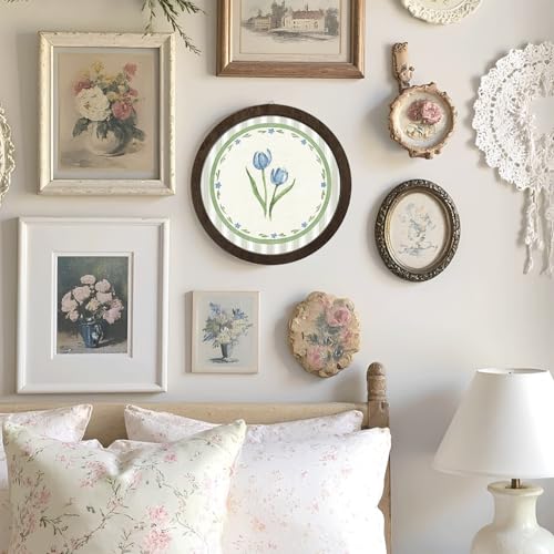 PeakClub Floral Bathroom Wall Decor, Sage Green Blue Tulip Cottagecore Round Wooden Wall Art for BathroomHome Living Room 10x10 Inch - color: Floral - Blue