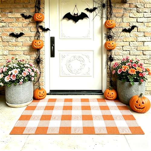 MUBIN Cotton Buffalo Plaid Rug, 27.5x43 Orange White Outdoor Rug Front Door Decorative Mat, Washable Halloween Doormat Foldable Area Rug Layered Door Mats Rug for Front Porch, Entryway, Patio - color: Orange White Plaid, size: 2'3" x 3'7" (Rectangular)