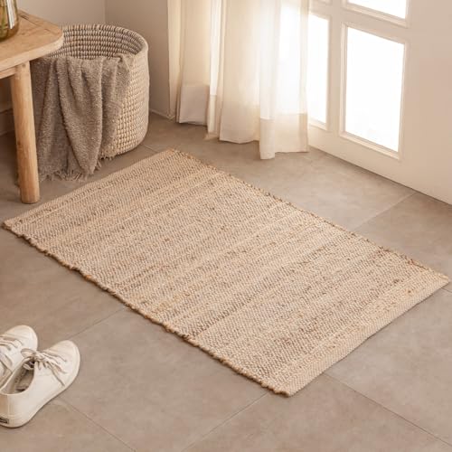 HOMEMONDE Jute Cotton Door Mat Hand Woven Rug 2 x 3 ft - Rectangle Natural Fiber Farmhouse Style Braided Rug for Entryway, Bedroom, Living Room, Hallway - color: Natural Jute, size: 2' x 3' (Rectangular)