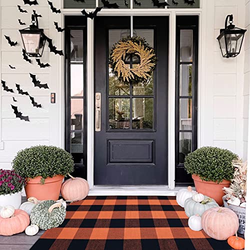 Fall Décor Orange and Black Plaid Rug, 2'4" x 3'7" Fall Outdoor Front Door Decorative Mat, Hand-Woven Rug for Layered Door Mats Washable Carpet for Porch, Entryway, Farmhouse, Autumn, Halloween - color: Orange and Black Plaid, size: 2'4" x 3'7" (Rectangul