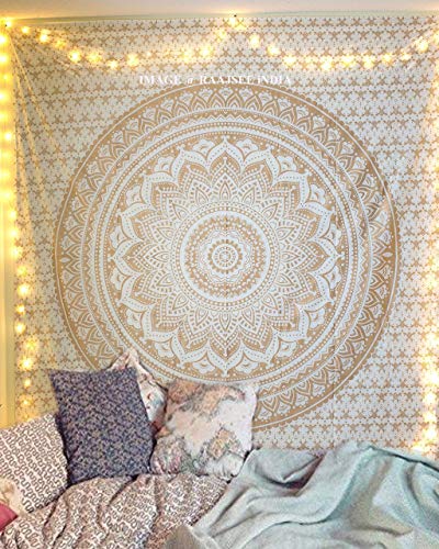 raajsee Glittering Gold Tapestry Wall Hanging Mandala- Indian Cotton Throw Hippie Tapestries - Boho Bedding White Golden Queen Bedspread 82x92 inches-Meditation Yoga Rugs Mats - color: White Gold Ombre, size: 92"L x 82"W