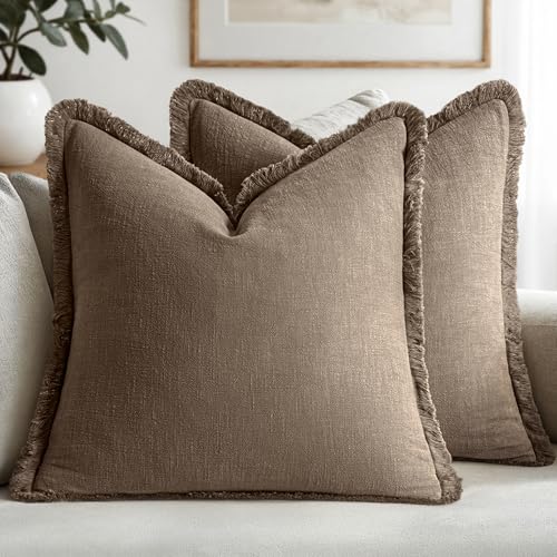 MIULEE Decorative Throw Pillow Covers Neutral Linen Fringe Throw Pillows Set of 2 Cocoa Brown Boho Farmhouse Cushion Covers for Couch Sofa Bed Living Room Spring Home Decor 18x18 Inch - color: Cocoa Brown, size: 18" x 18" (Pack of 2)