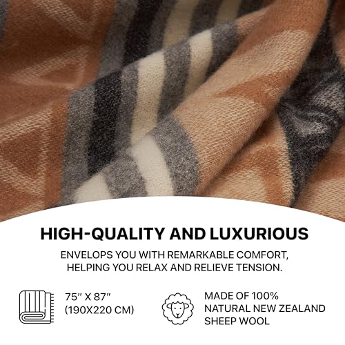 | Wool Blanket/Throw | 100% New Zealand Wool | Perfect for Home and Outdoors | Virgin Wool Throw with Fringes 75"x87" (190 x 220 cm) - color: Caramel Geometry, size: Full