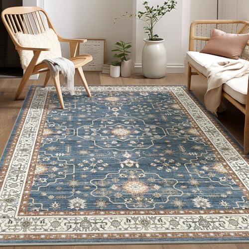 5x7 Area Rug for Living Room- Machine Washable Soft Oriental Vintage Large Indoor Floor Carpet for Bedroom Under Dining Table Home Office Decor - Dark Blue - color: Dark Blue, size: 5' x 7' (Rectangular)