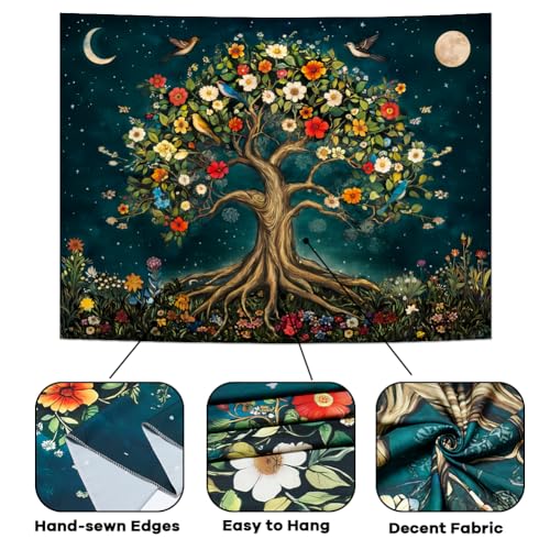 Amtoodopin Tree of Life Tapestry Mystic Boho Flowers Tapestry Vintage Aesthetic Tree Wall Tapestries Retro Nature Floral Plants Tapestries Wall Hanging for Bedroom - size: 92.5"L x 70.8"W