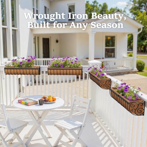 VOXOR Railing Planter Boxes, 30 Inch Window Boxes Planters, Balcony Planters with Adjustable Brackets & Coco Liner for Outdoor Fence, Deck, Porch, and Patio Gardening, 2 Pack - size: 30 Inch